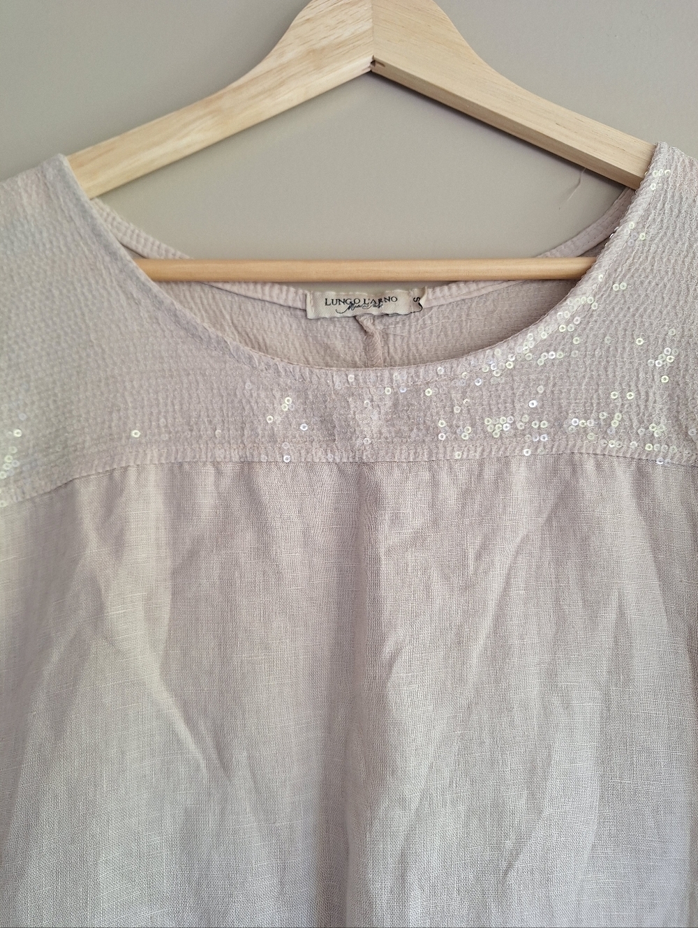 Lungo L'arno Sequin Yoke Linen Shift Dress - Sabbia - Made in Italy - S - Picture 4 of 10